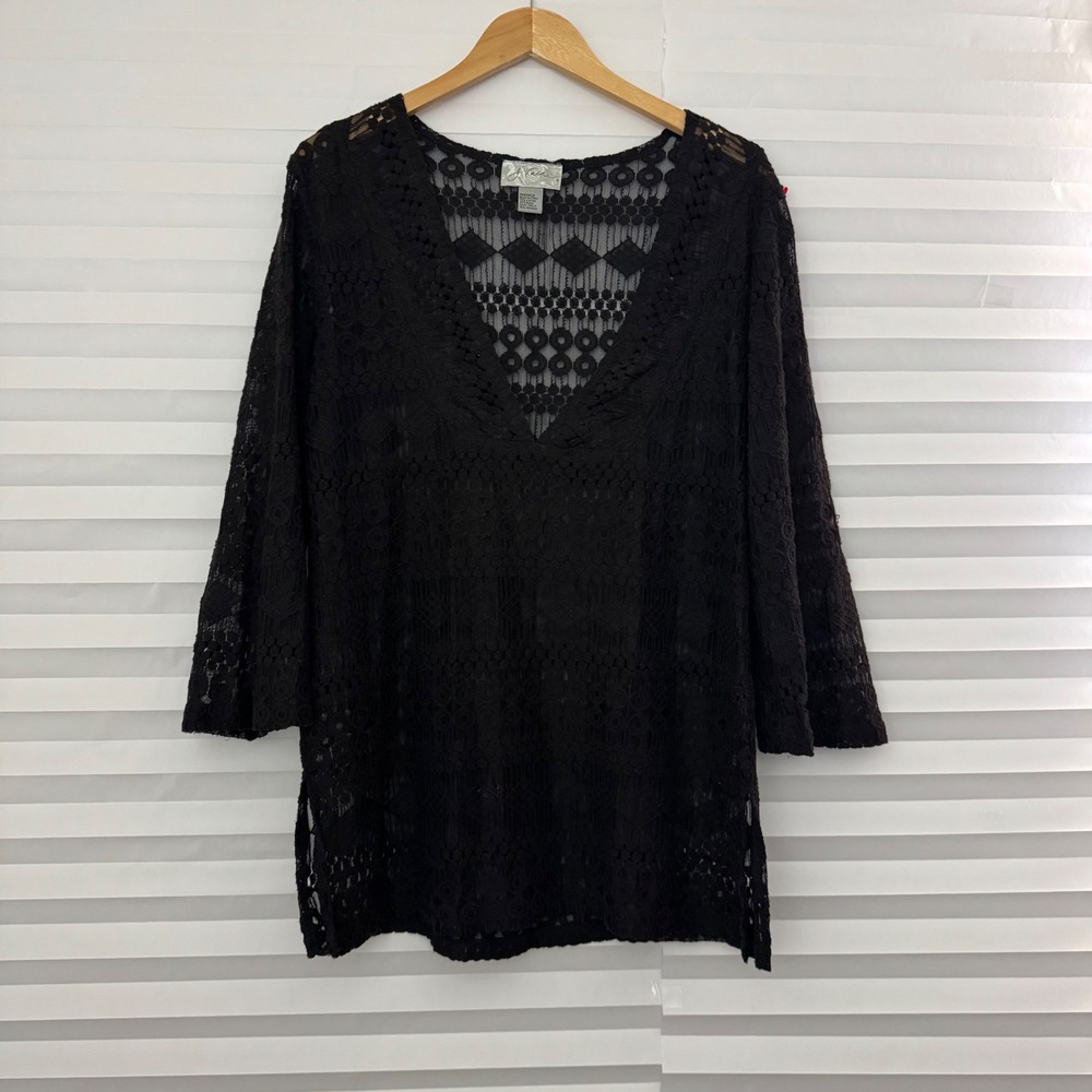 J Valdi Black Crochet Lace V-Neck Swim Cover Up Tunic M Beach Poolside